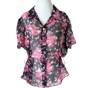 Vintage Sheer Floral Top Black Pink Tie Sides Button Down Collared 90s Dressbarn
